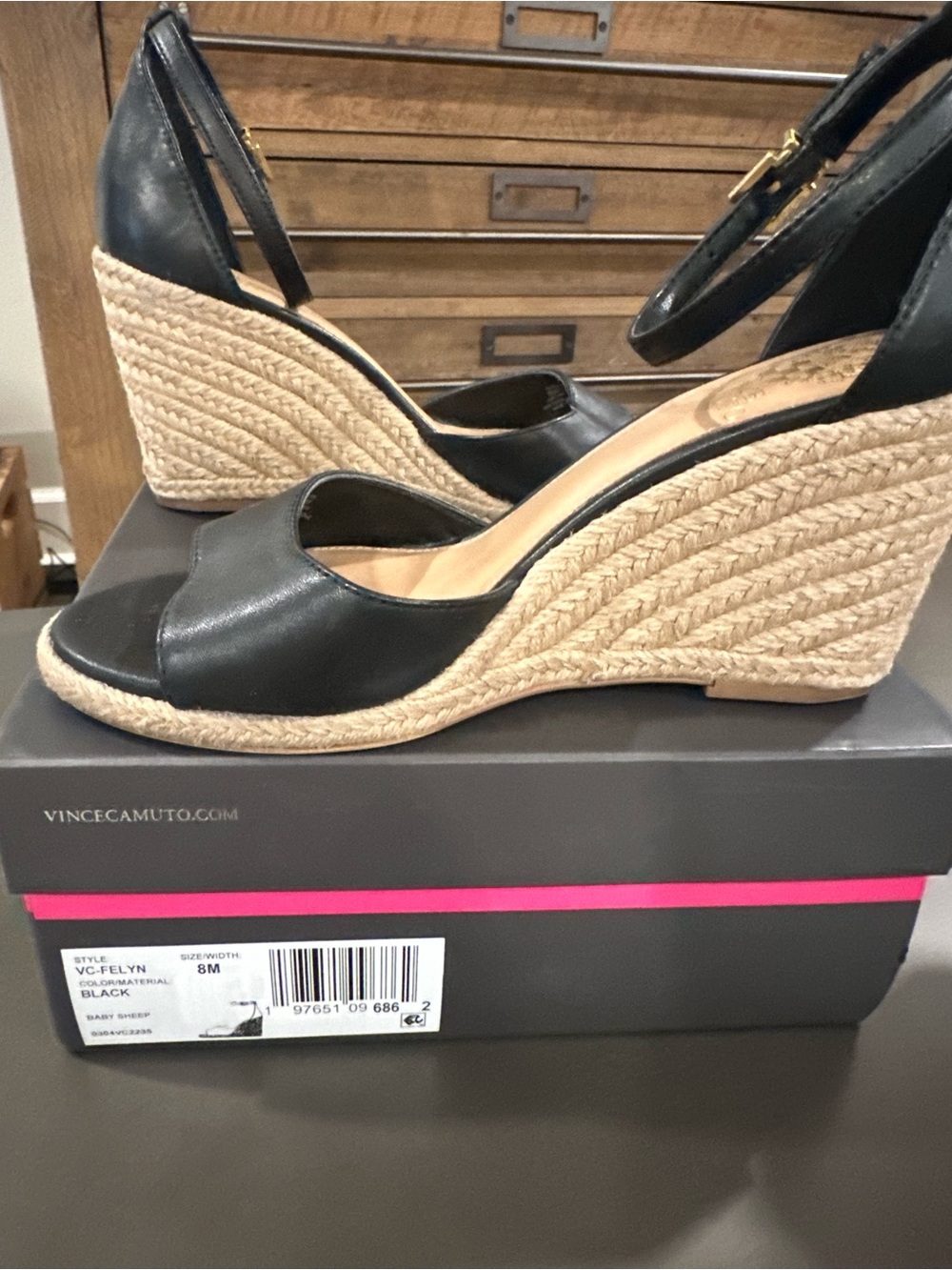 Vince Camuto Black Leather Espadrille Wedge Sandals with Ankle Strap